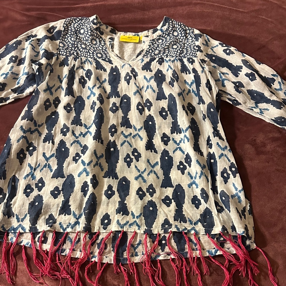 Roberta Roller Rabbit Blue and white Kids' Top with Red Fringe
